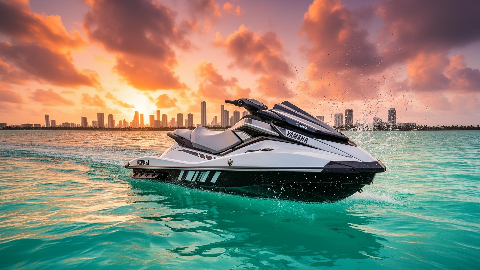 Rider on a jet ski cutting across Biscayne Bay near Miami Beach